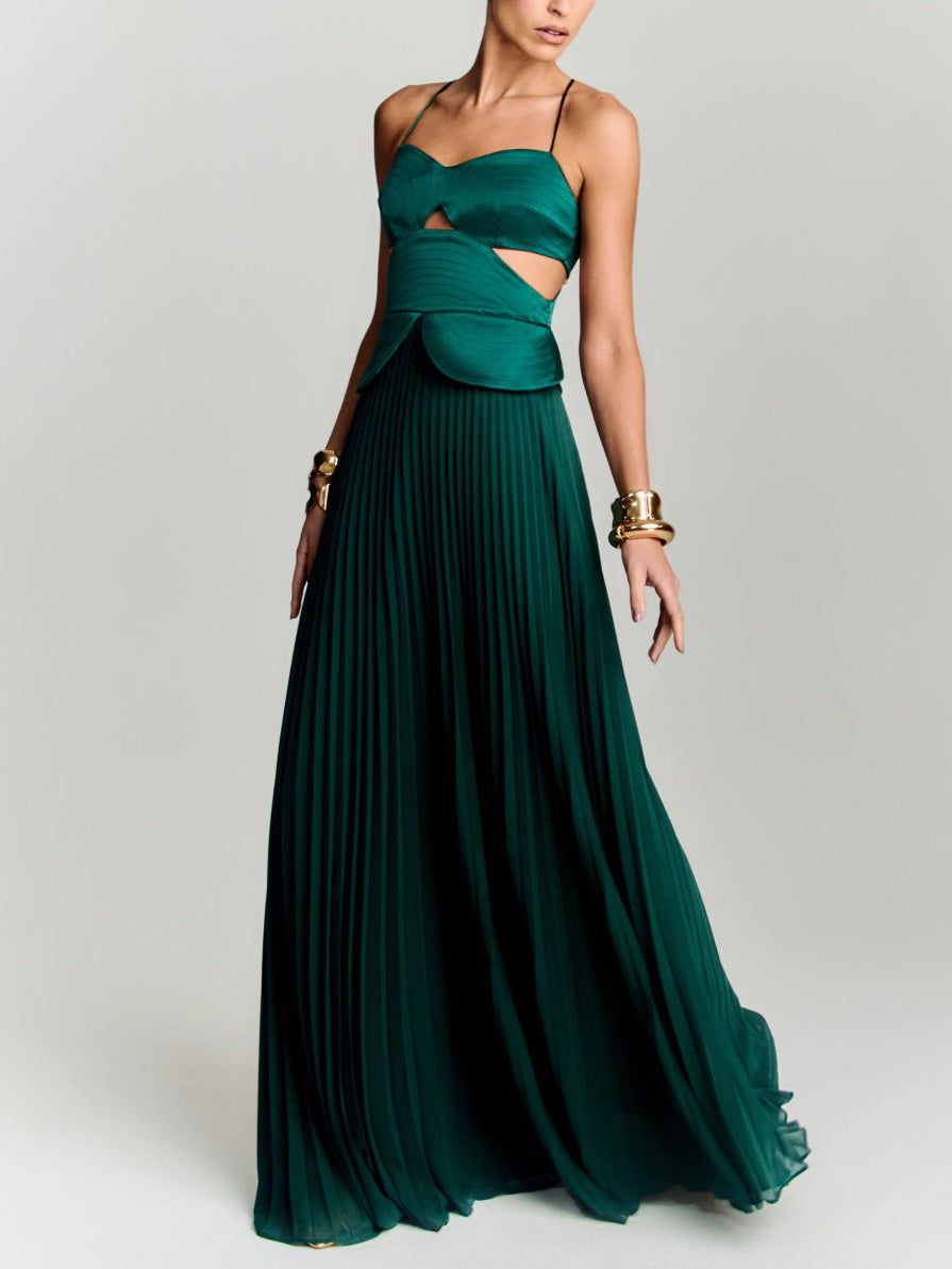 Elegant Cutout Pleated Satin Maxi Dress