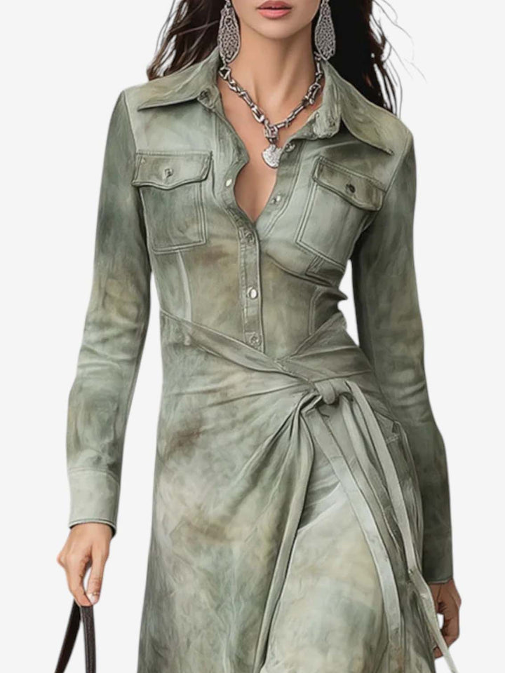 Retro Tie-Dye Print Shirt Collar Maxi Dress