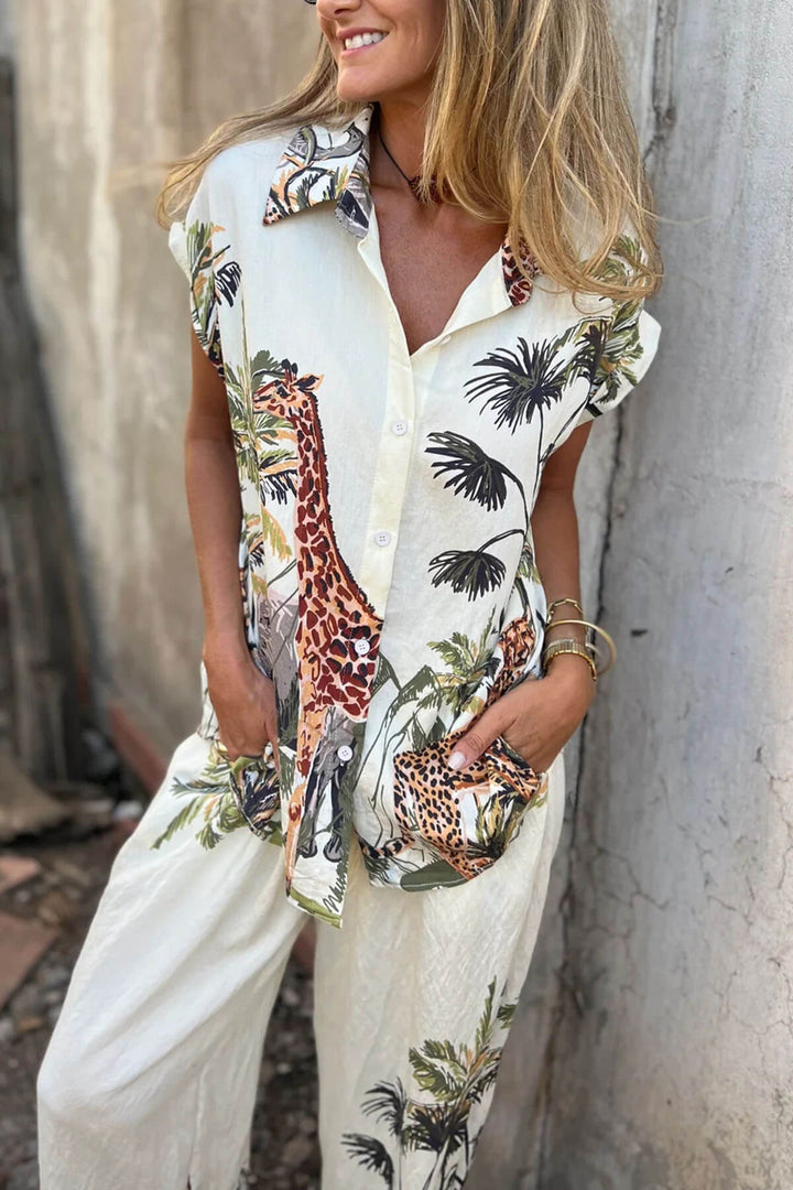 Unique Jungle Print Loose Button-Down Shirt