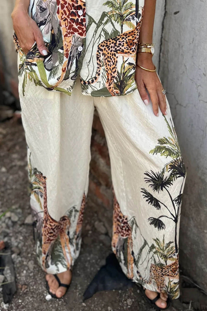 Unique Jungle Print Elastic Waist Pocket Wide-Leg Pants