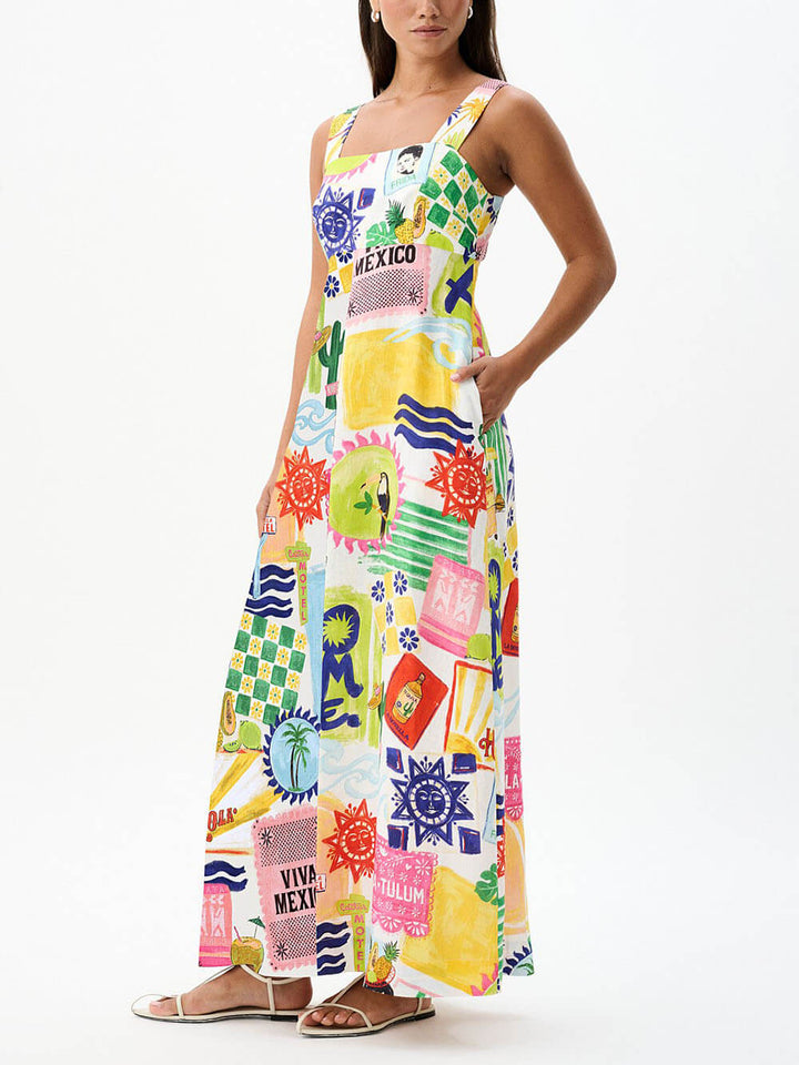 Unique Tie Back Closure Graphic Print Loose Holiday Maxi Dress