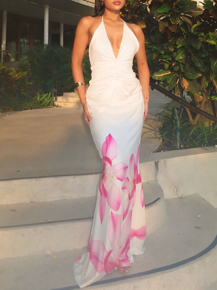 Prom Floral Print Sexy Halterneck Open Back Pleated Slim Maxi Dress