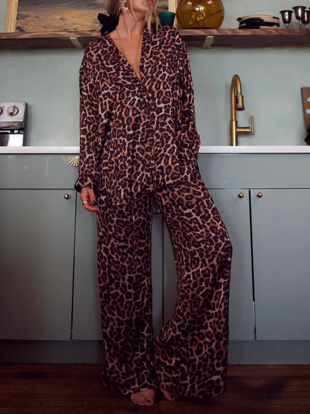 Leopard Print Loose Top Elastic Waist Wide-Leg Pants Pajama Set