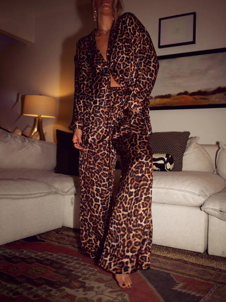 Leopard Print Loose Top Elastic Waist Wide-Leg Pants Pajama Set