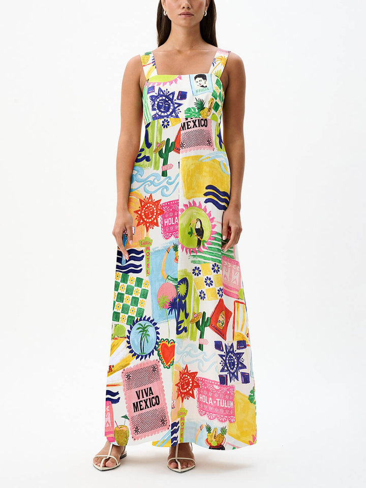 Unique Tie Back Closure Graphic Print Loose Holiday Maxi Dress