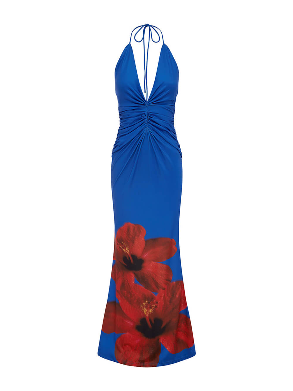 Prom Floral Print Sexy Halterneck Open Back Pleated Slim Maxi Dress