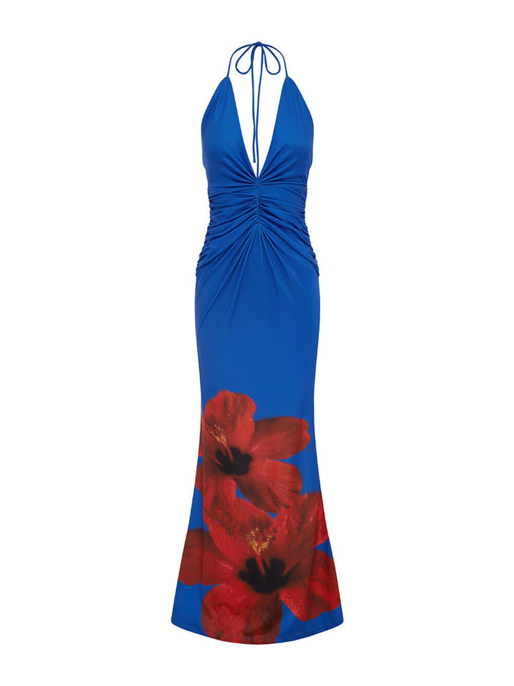 Prom Floral Print Sexy Halterneck Open Back Pleated Slim Maxi Dress