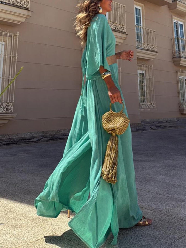 Casual Unique Gold Trimmed Pleated Tie Back Loose Leg Slit Jumpsuit