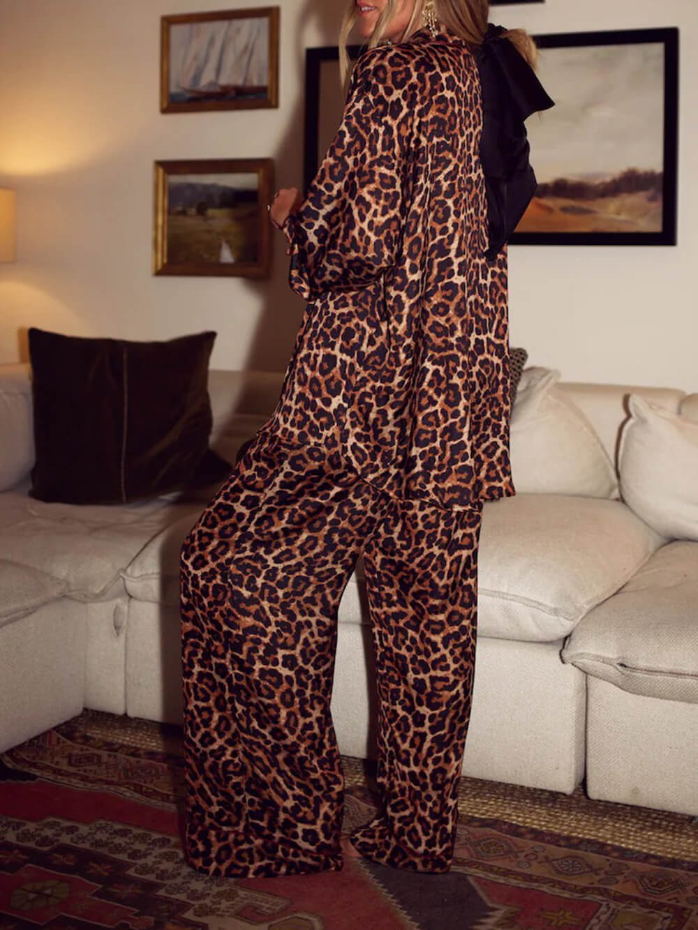 Leopard Print Loose Top Elastic Waist Wide-Leg Pants Pajama Set