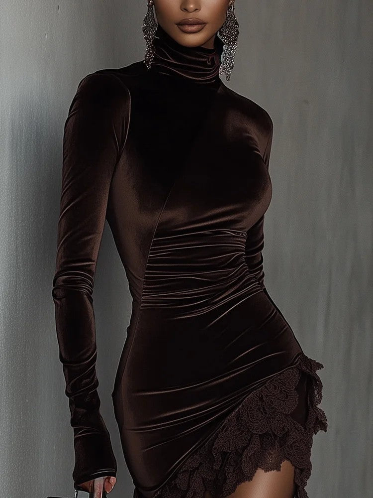 Elegant Velvet Turtleneck Lace Hem Fitted Mini Dress