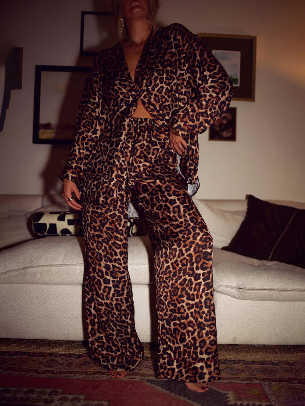 Leopard Print Loose Top Elastic Waist Wide-Leg Pants Pajama Set