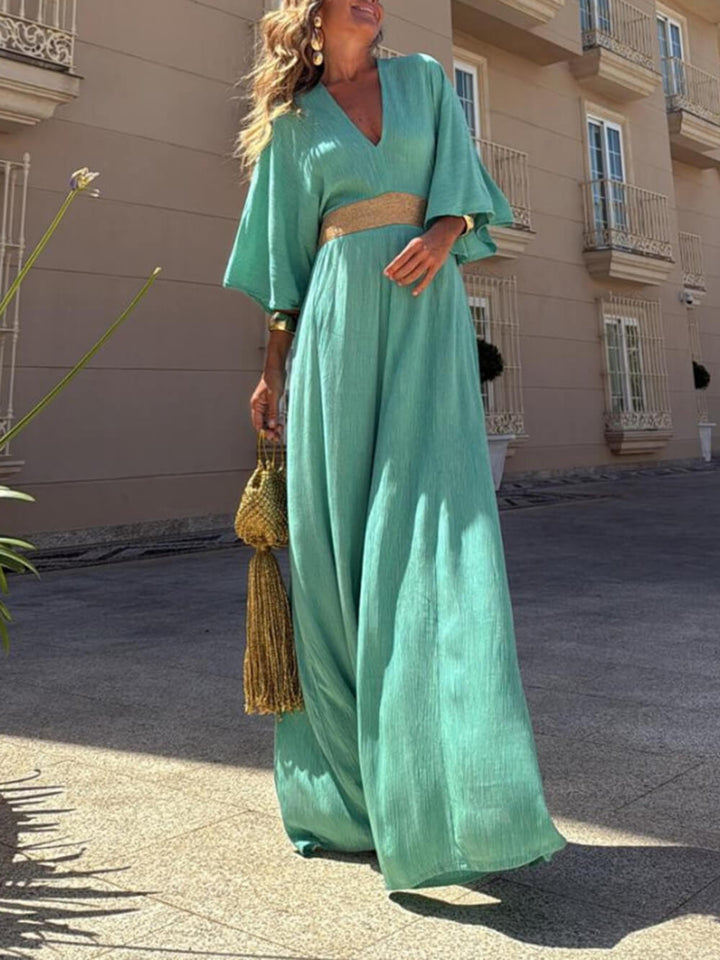 Casual Unique Gold Trimmed Pleated Tie Back Loose Leg Slit Jumpsuit