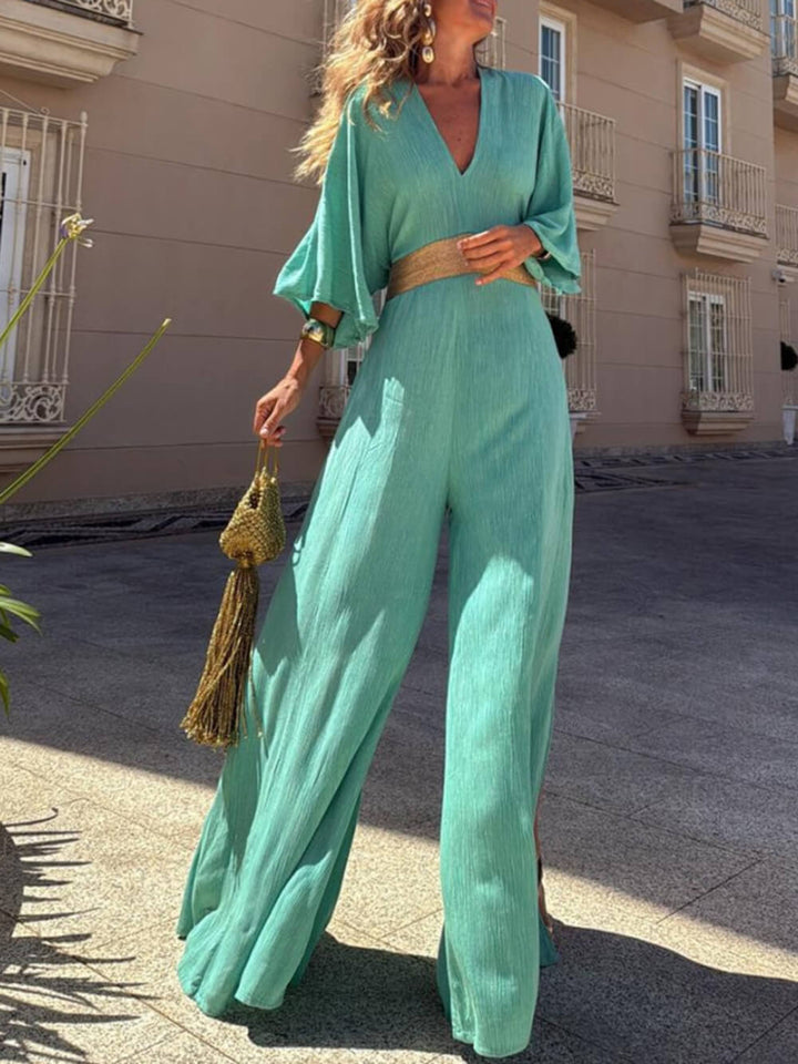Casual Unique Gold Trimmed Pleated Tie Back Loose Leg Slit Jumpsuit