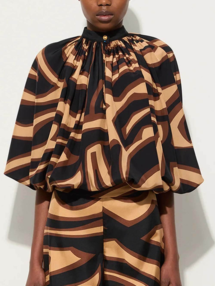 Unique Swirl Print Satin Twill High-Waist Wide-Leg Pants