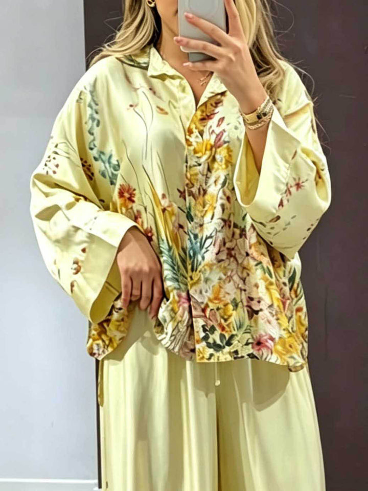 Elegant Floral Print Satin Wide Leg Pants