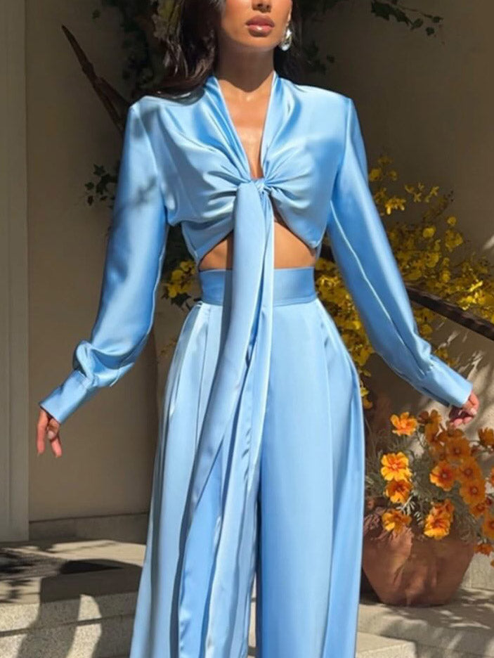 Elegant V-neck Satin Cropped Long-sleeved Shirt