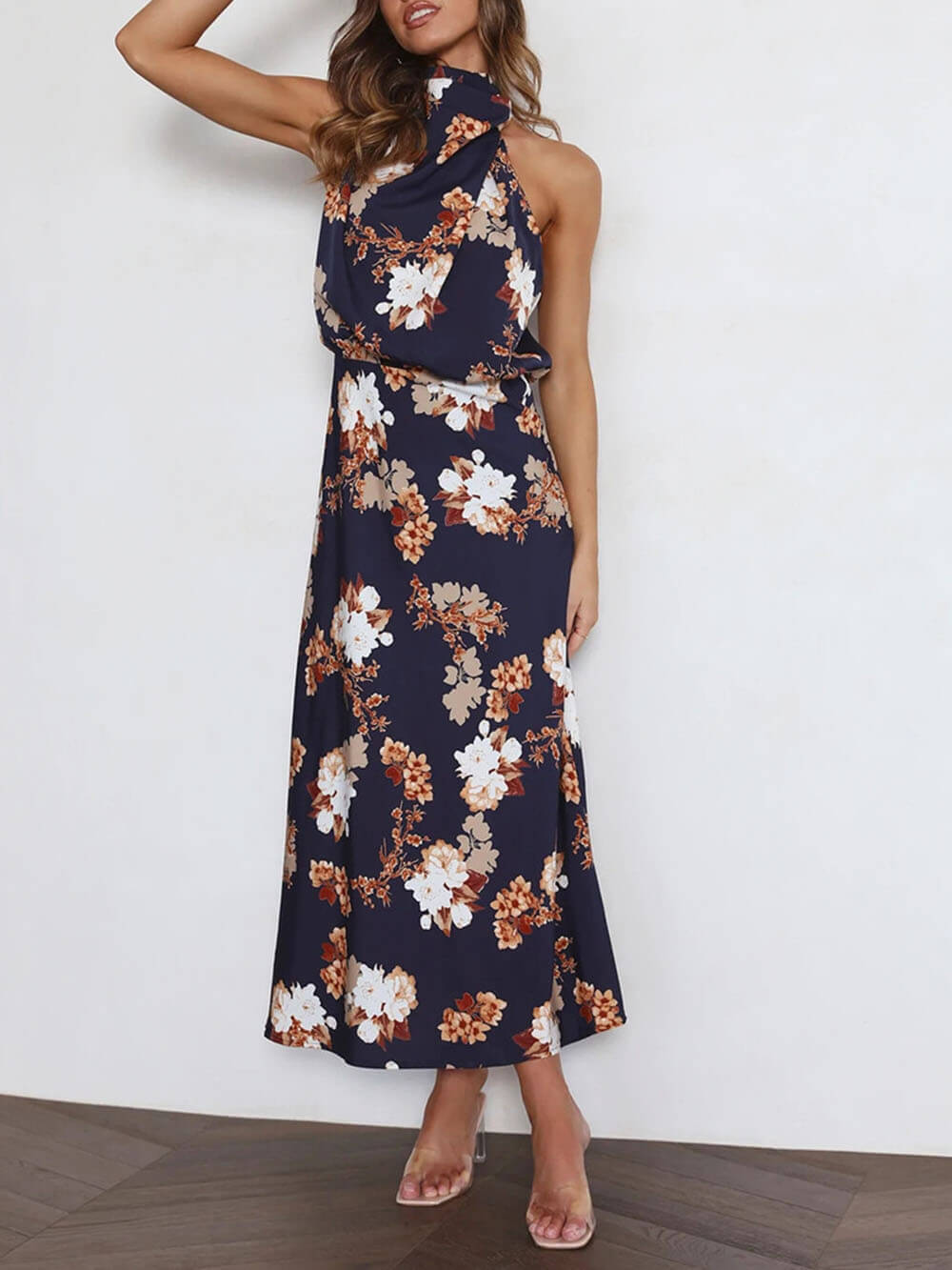 Robe longue florale à taille élastique et col licou