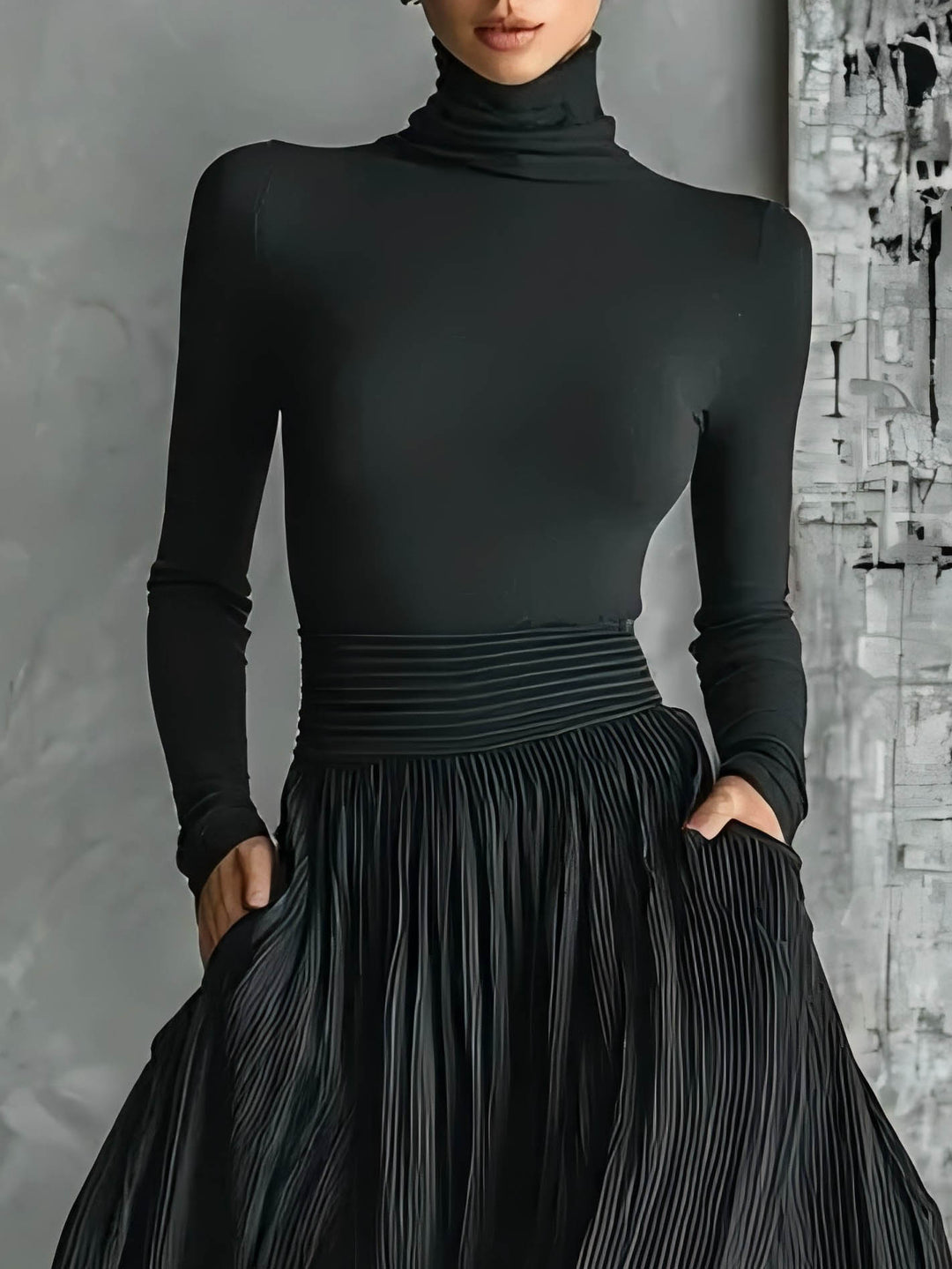 Elegant High Waist Pleated Slit Maxi Skirt