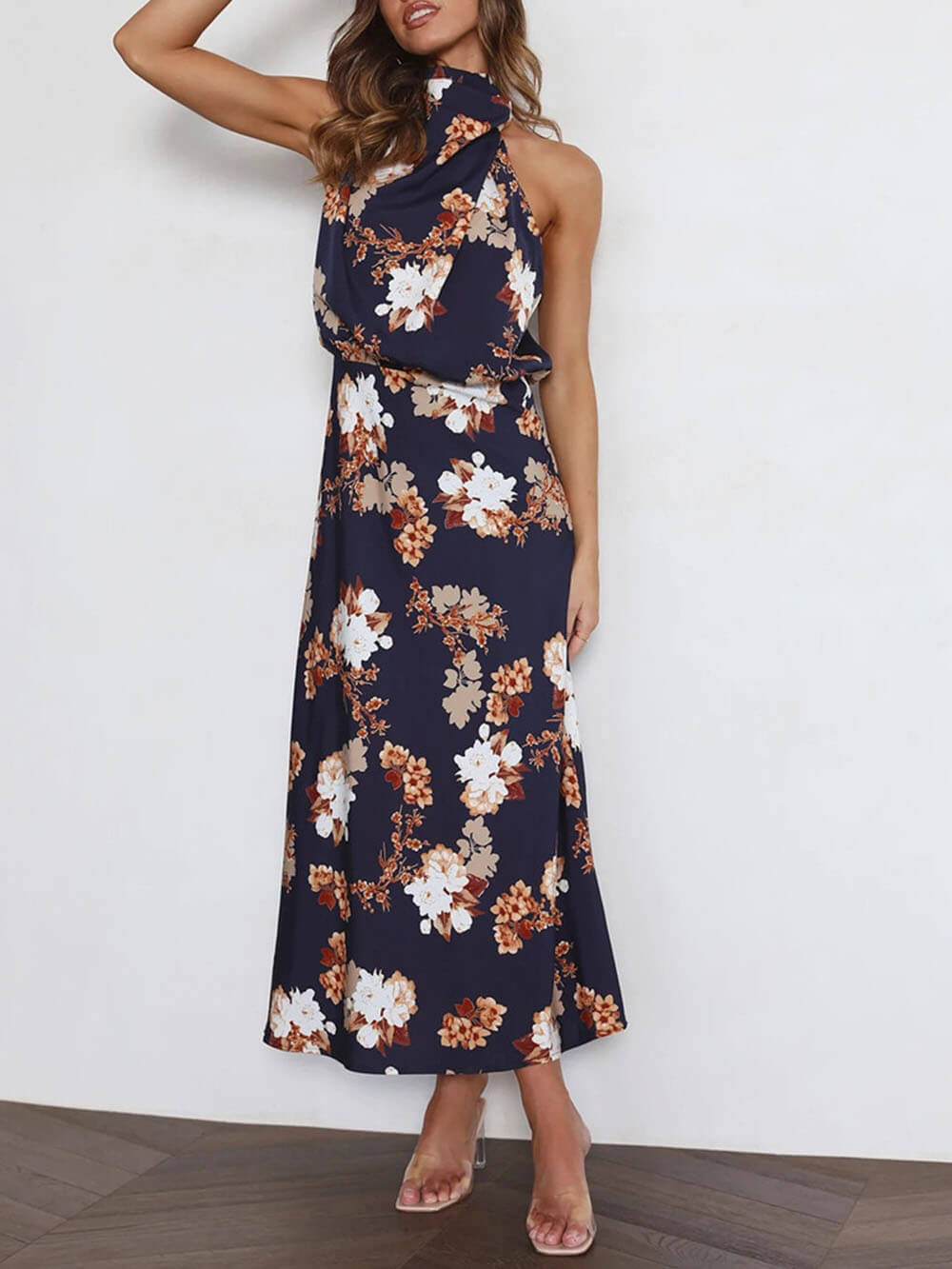 Robe longue florale à taille élastique et col licou