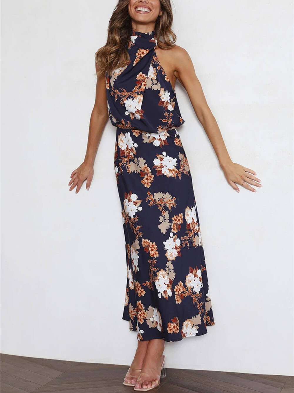 Robe longue florale à taille élastique et col licou