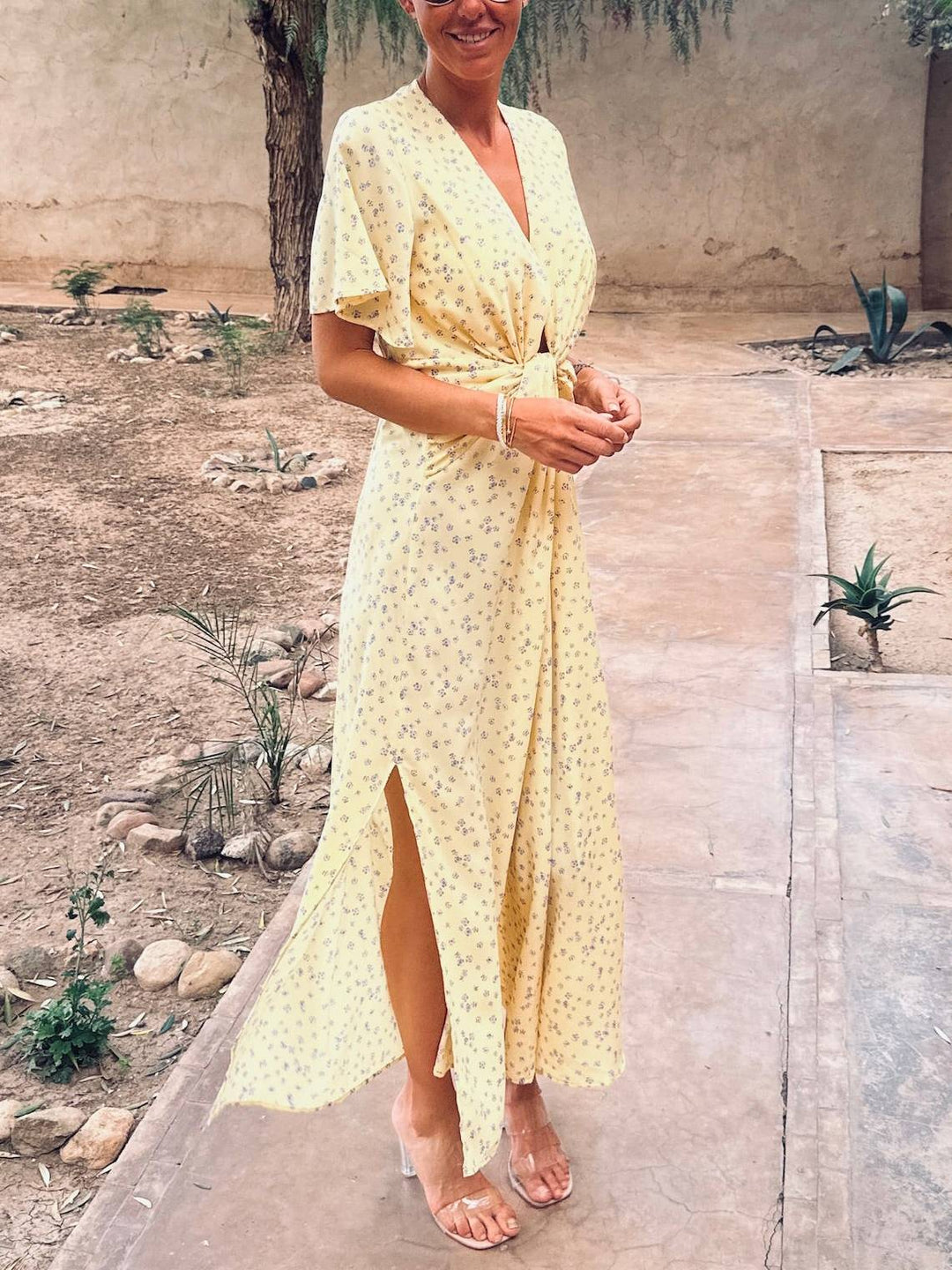 Deep V-neck Side Slit Floral Dress