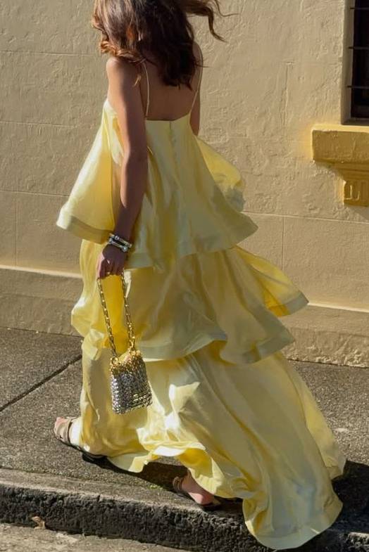 Elegant Three-layer Ruffle Sling Maxi Dress