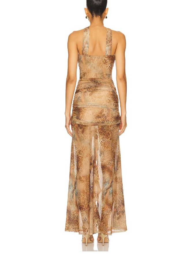 Unique Printed Pleated Design Maxi Dress