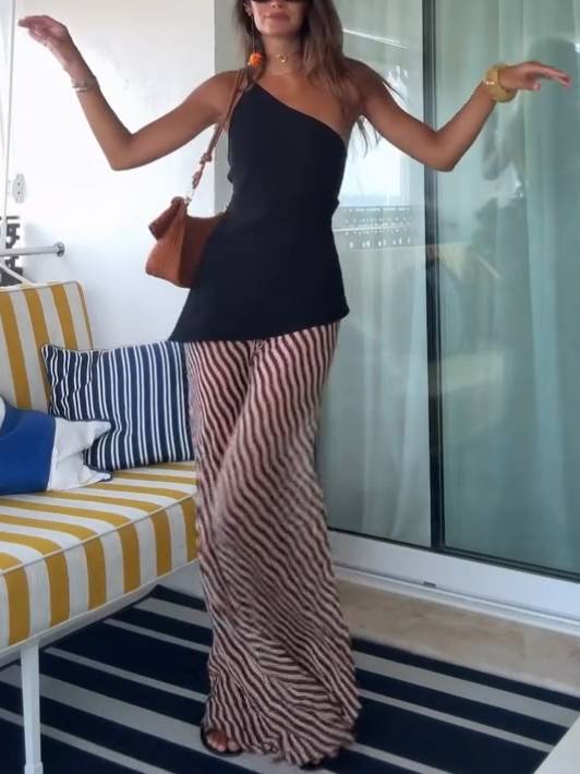 Slant-neck Backless Top And Sstripe Printed Wide Leg Pants Set-Pants