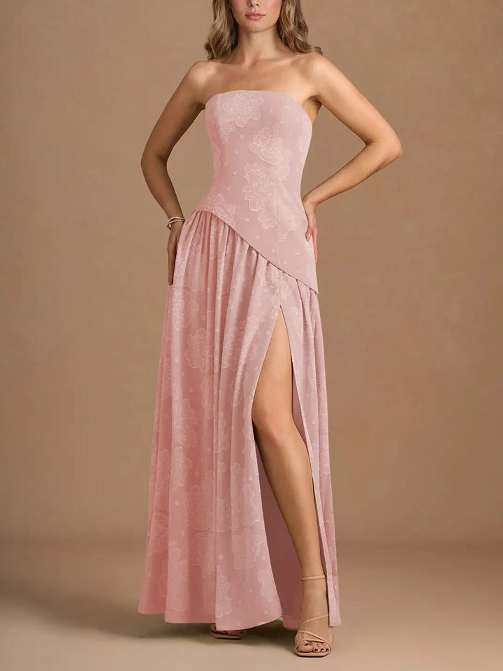 Elegant Strapless Slit Pleated Maxi Dress
