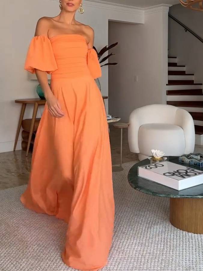 Pleated Tube Top Puff sleeves Maxi Dress