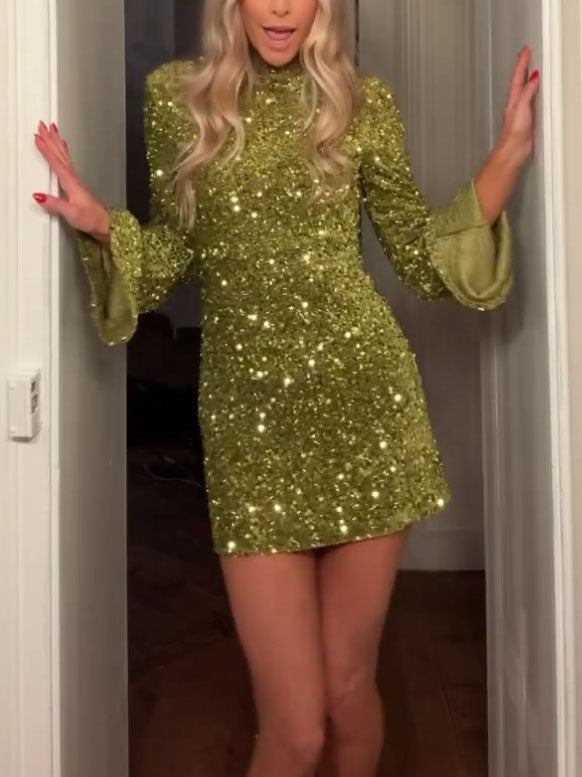 Shiny Bell Sleeve Mini Dress
