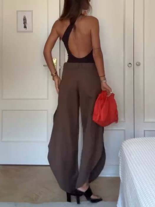 Oblique Collar Off-shoulder bodysuits And Side Slits Wide Leg Pants Suit- Pants