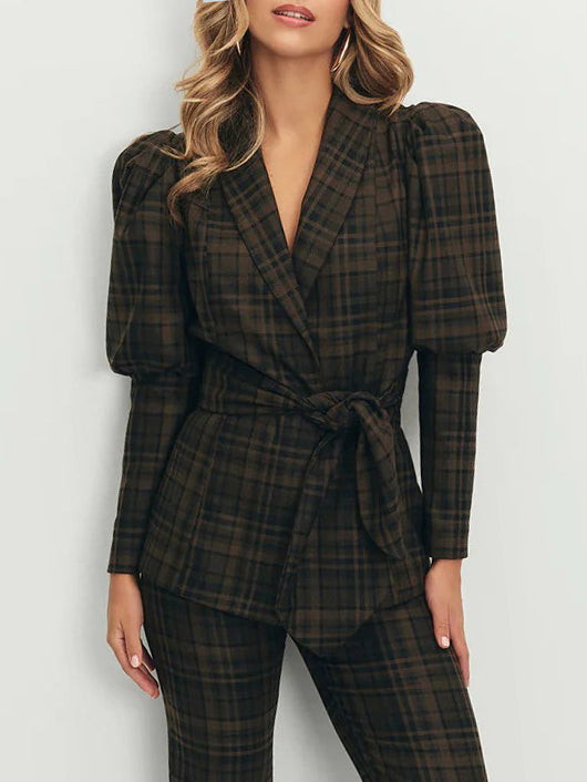 Retro Plaid Puff Sleeve Belted Blazer