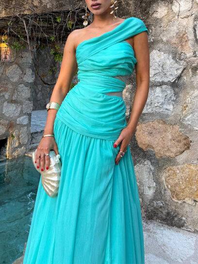 Oblique Shoulder Slit Maxi Dress