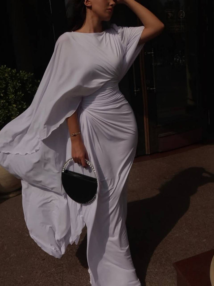 Boat Neck Pleated Slim Fit Maxi Dress