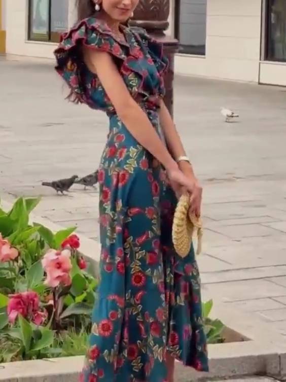 V-Neck Irregular Hem Printed  Dress