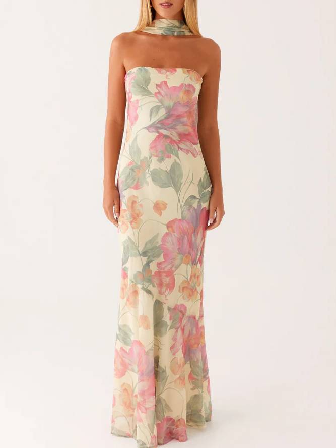Tube Top Printed Ribbon Dress