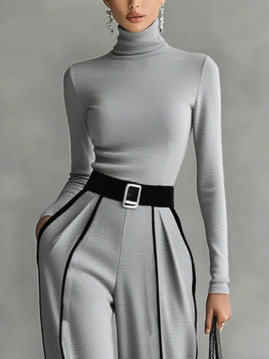 Elegant High Neck Slim Fit Long Sleeve Top Two-Piece Set