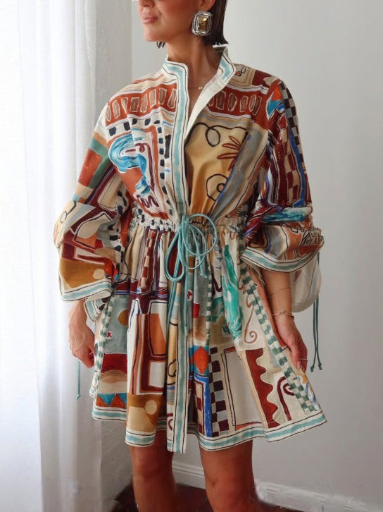 Unique Painted Pattern Print Lace-up Mini Dress