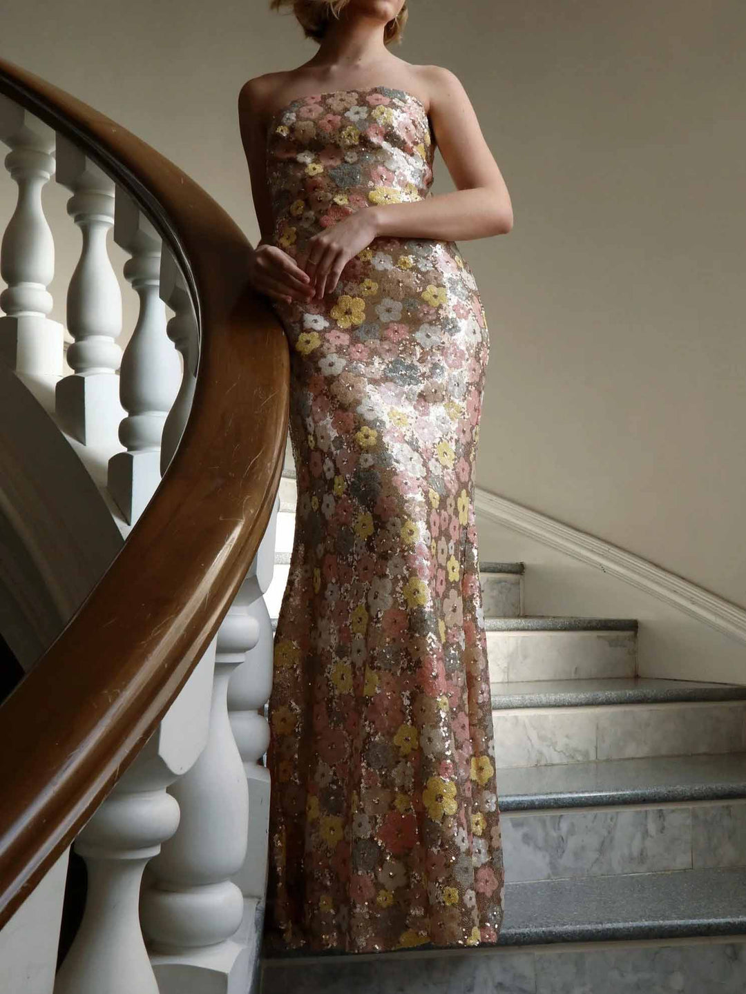 Elegant Sequined Colorful Floral Gown Maxi Dress