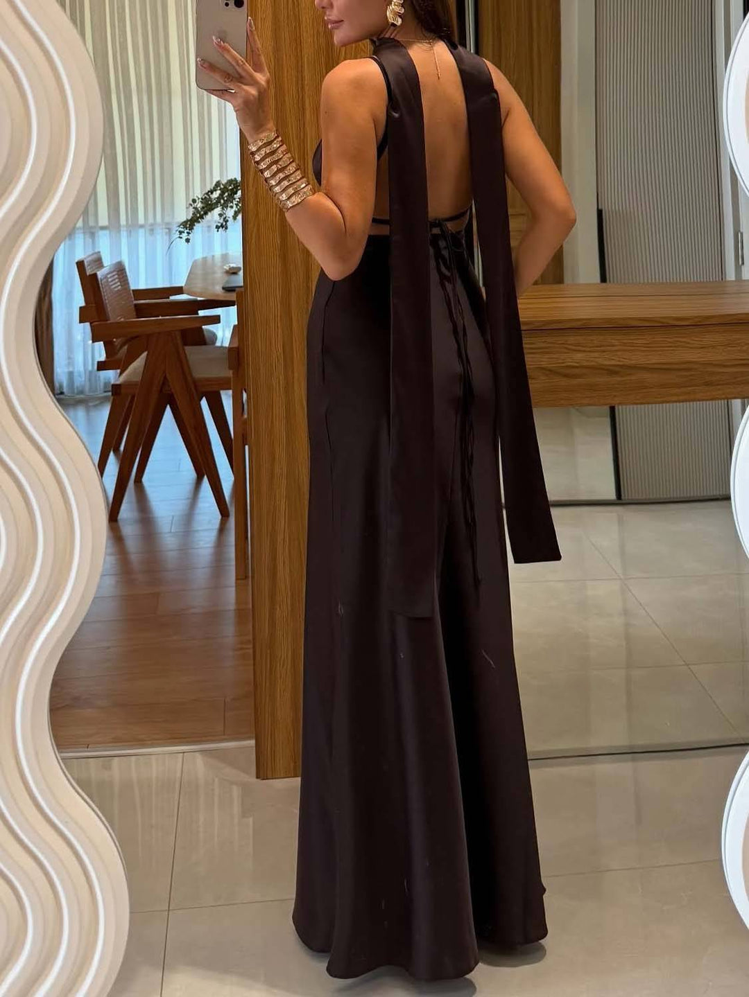 Elegant Scarf High Waist Backless Sling Maxi Dress