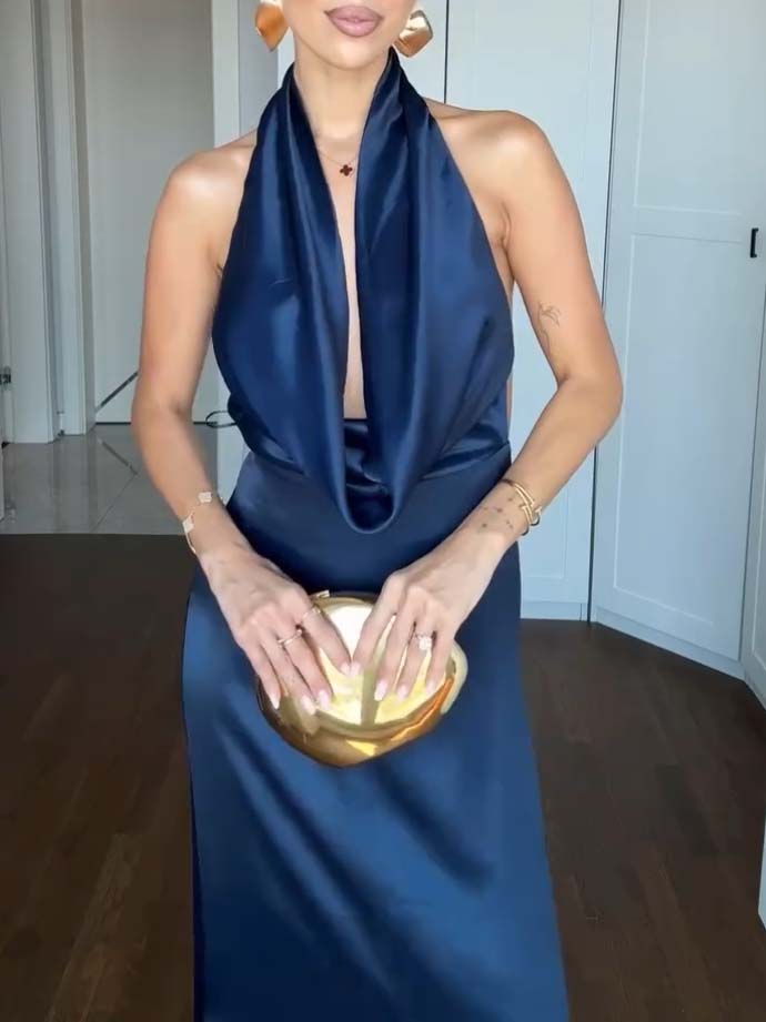 Elegant Halter Deep V Neck Swing Collar Backless Maxi Dress