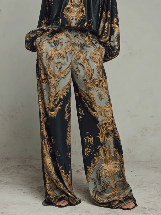 Retro Baroque Print High-Waisted Wide-Leg Pants