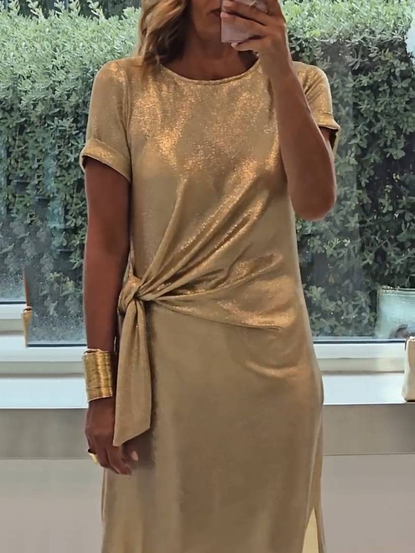 Metallic Lace-up Side Slit Midi Dress