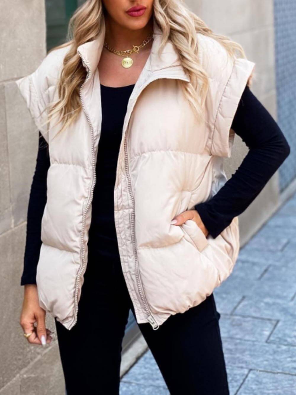 Giacca gilet in cotone con tasca con cerniera per pendolari, colletto alla moda alla moda