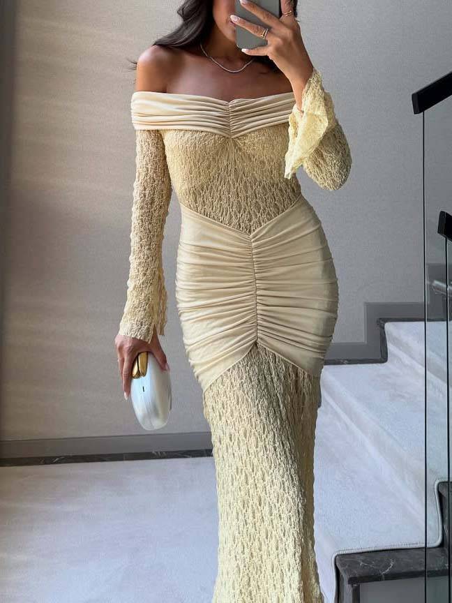 Elegant Lace Off-shoulder Pleated Maxi Dress
