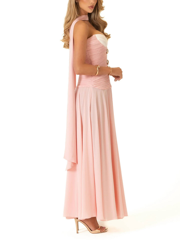 Contrast Color Tube Top Splicing Scarf Maxi Dress