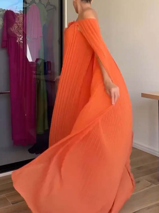 Flower Design Shawl Pleated Maxi Dress