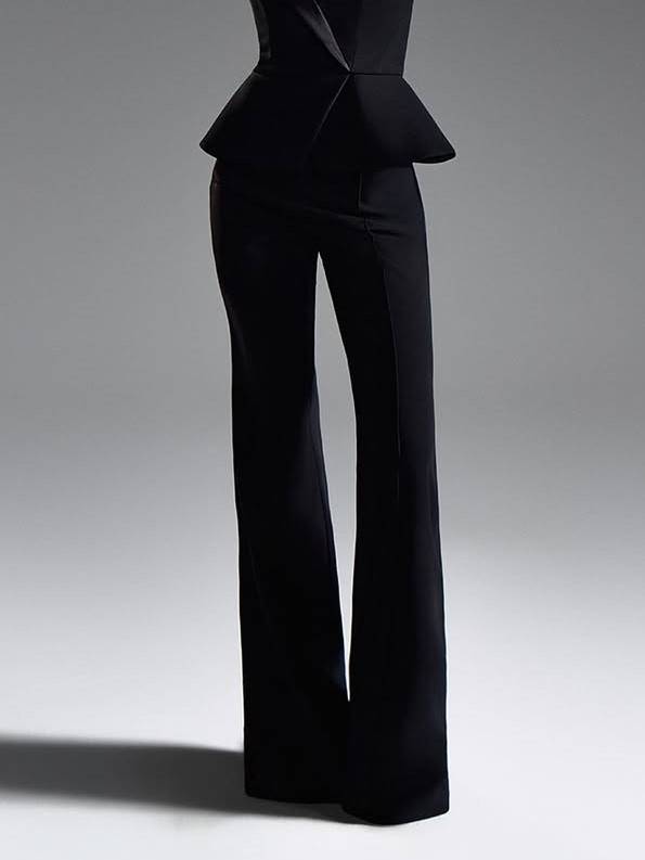 Half-high Collar Short Sleeve Ribbon Shirt And Pants Suit-Pants