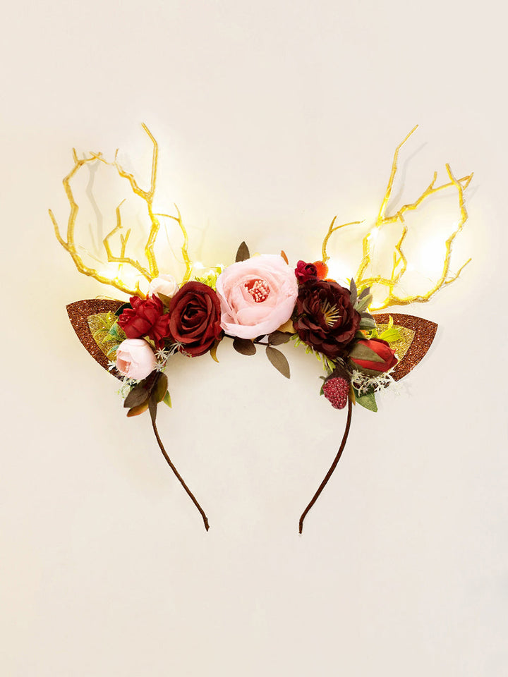 Burgundy Flower Christmas Reindeer Headband